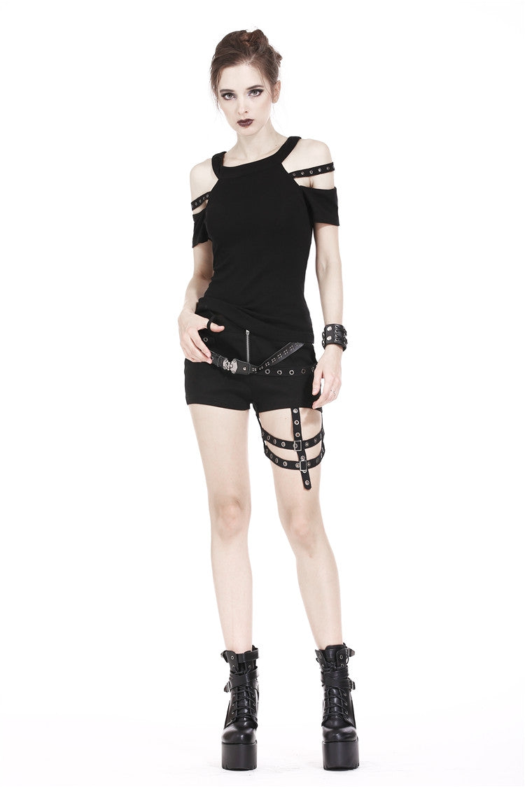 Black Off Shoulder Straps Short Sleeves Cut-Out Women's T-Shirt