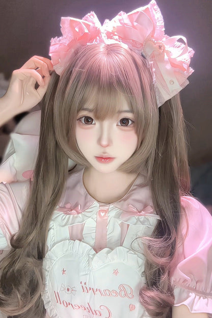 Ash Brown Side-Swept Bangs Sweet Lolita Twin Pigtails Wig Set