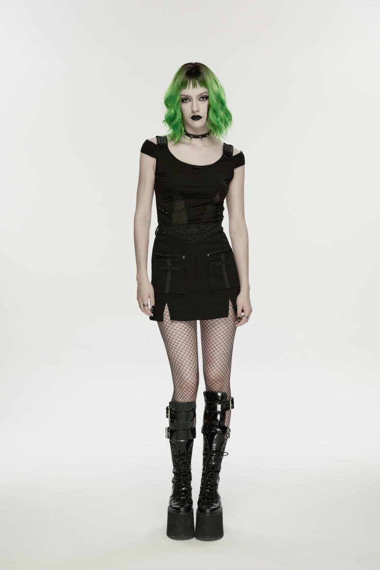 Black Embroidered Zippered Women's Punk Skull Embroidered Cool Big Pocket Skirt