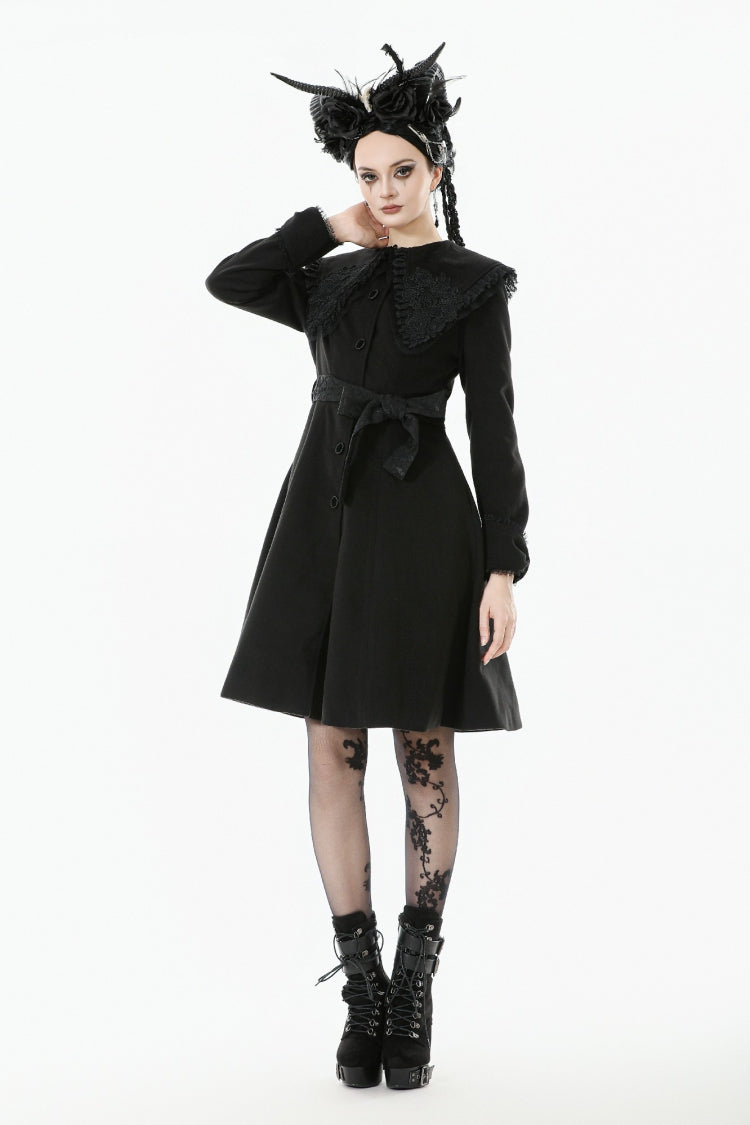 Black Floral Embroidered Peter Pan Collar Long Sleeves Bowknot Women's Gothic Coat