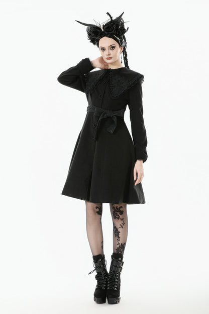 Black Floral Embroidered Peter Pan Collar Long Sleeves Bowknot Women's Gothic Coat