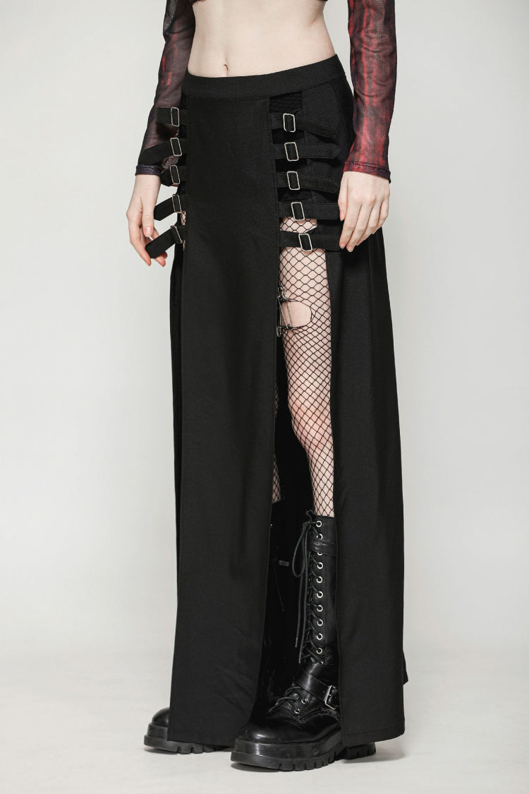 Black Buckled Zippered Women's Punk Side Slit Long Skirt