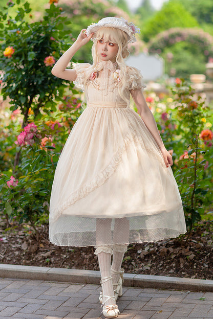 Apricot [Moon goddess *Mediana*] Polka Dot Print Ruffle Bowknot Asymmetric Sweet Elegant Lolita Dress