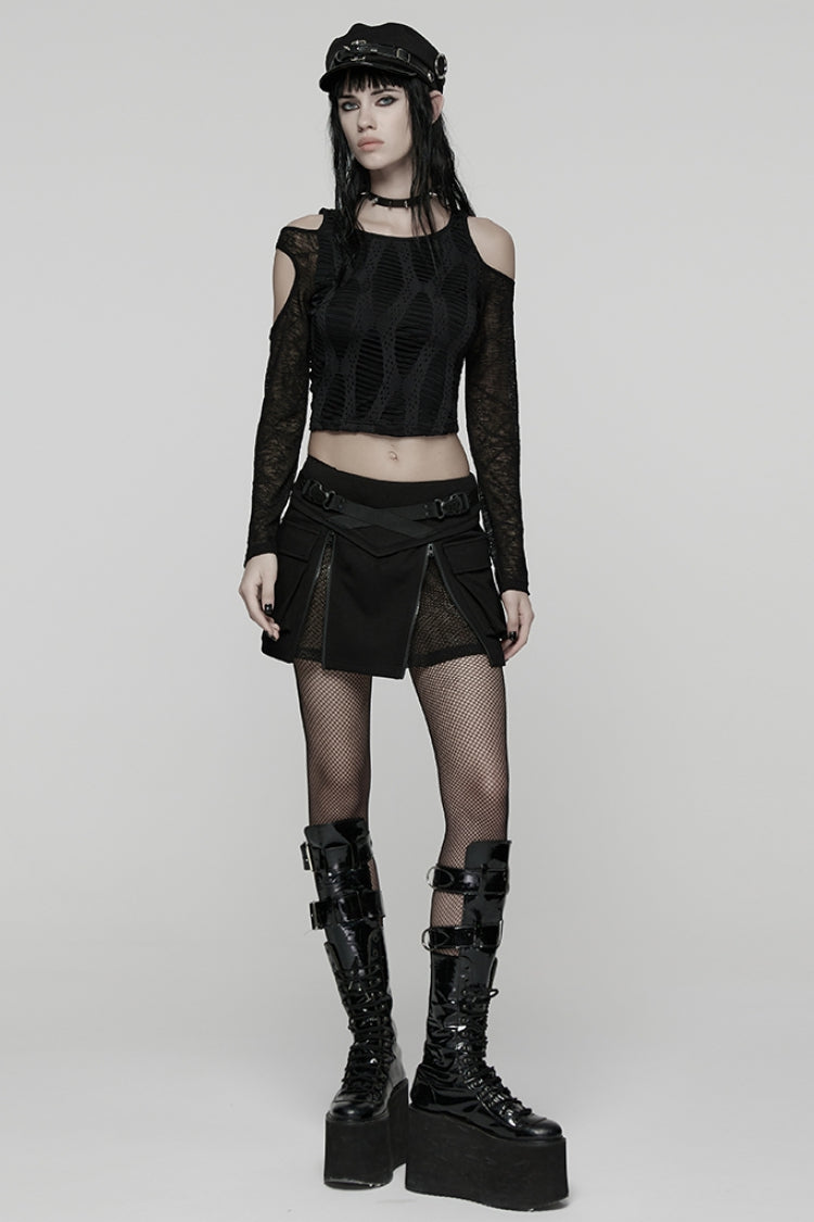 Black Off Shoulder Long Sleeves Spliced Mesh Pleated Women's Punk Top