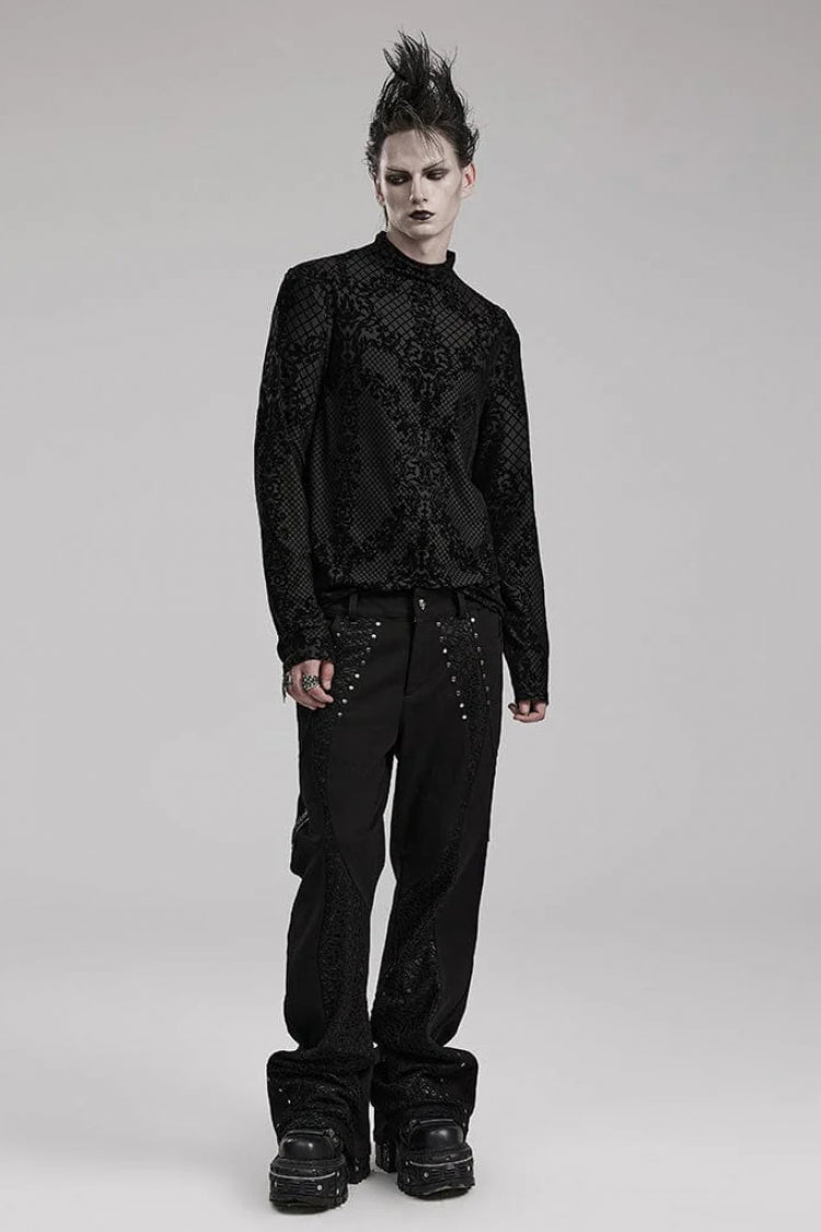 Black High Collar Long Sleeves Flocking Print Mens Gothic T-Shirt