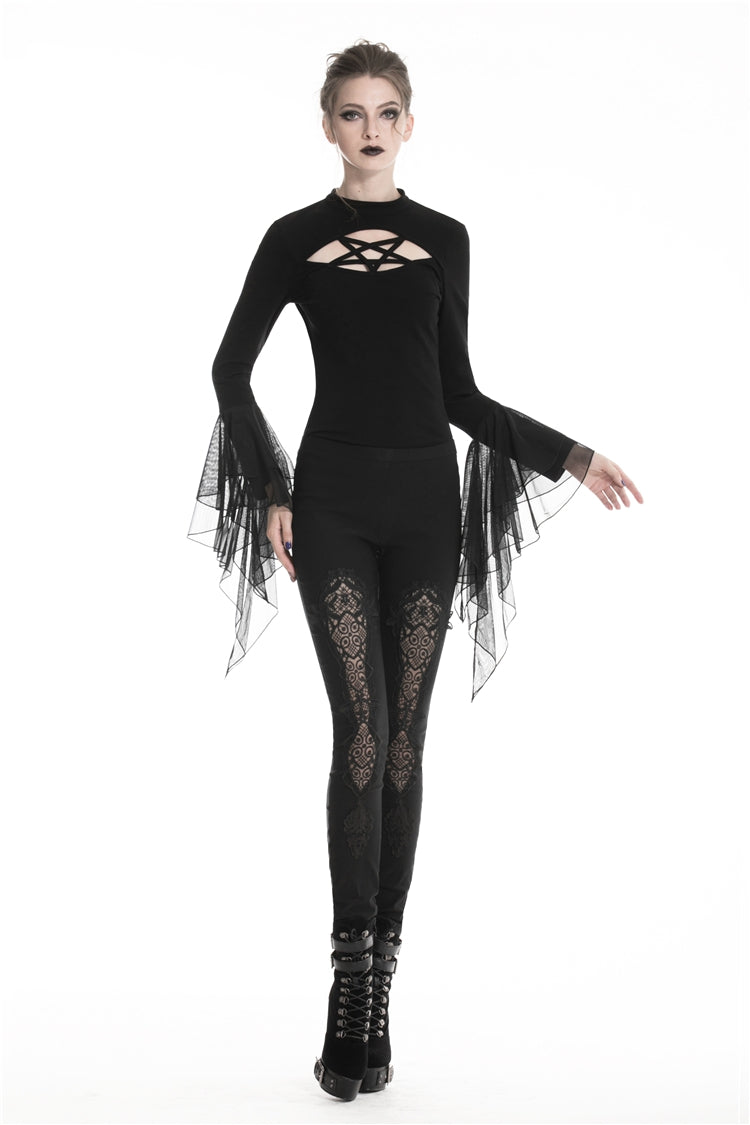 Black Floral Cut-Out Lace-Up Women's Gothic Leggings