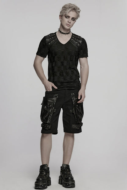 Black Big-pocket Faux Leather Stitching Men's Punk Shorts