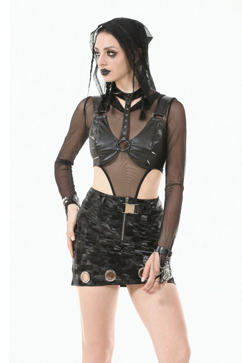 Black Metal Studded Women's Punk Faux Leather Bustier Crop Top with Adjustable Clasps