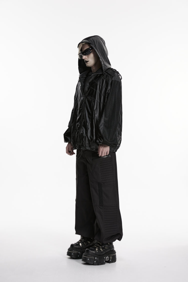 Black Lapel Collar Long Lantern Sleeves Lace-Up Hooded Mesh Zippered Men's  Punk Cool Jacket