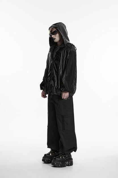 Black Lapel Collar Long Lantern Sleeves Lace-Up Hooded Mesh Zippered Men's  Punk Cool Jacket