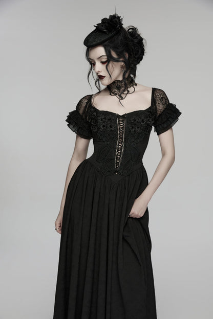 Black Off Shoulder Short Puff Sleeves Ruffled Hanayome Embroidered Lace Women's Gothic Elegant Gorgeous Dress