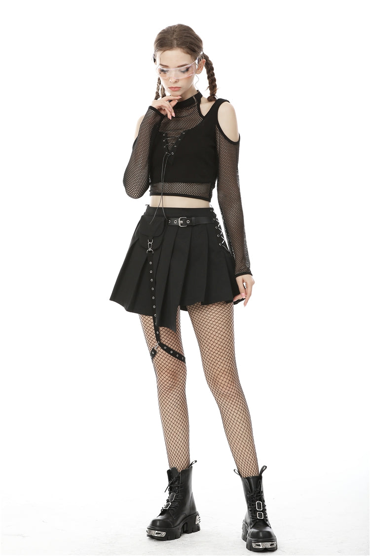 Black Lace-Up Irregular Hem Pleated Women's Punk Skirt with Side Bag