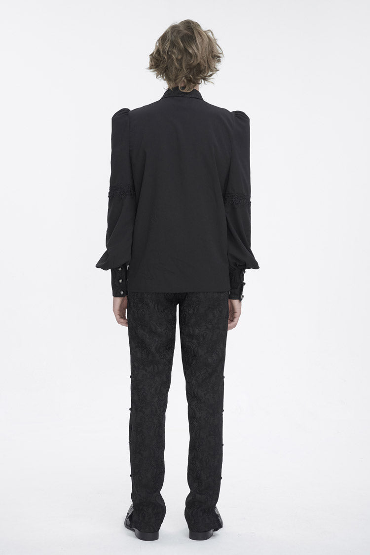 Black Lapel Collar Lantern Sleeves Jacquard Embroidery Men's Gothic Blouse