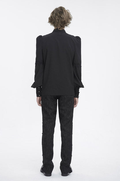 Black Lapel Collar Lantern Sleeves Jacquard Embroidery Men's Gothic Blouse