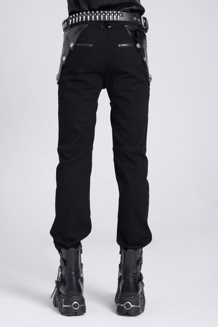 Black Armor Patent Leather Stitching Men's Punk Pants