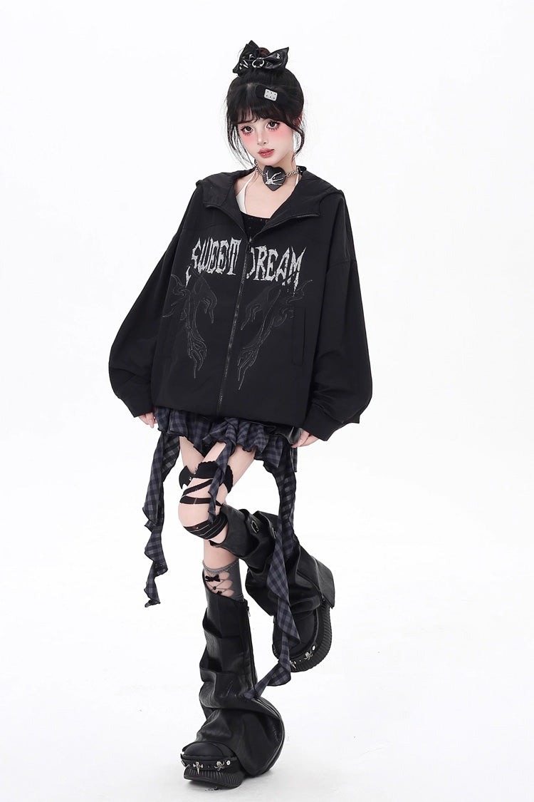Black Long Sleeves Print Zipper Gothic Loose Jirai Kei Coat