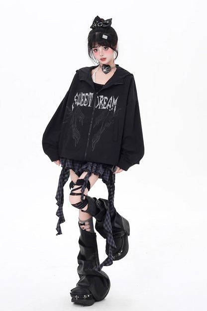 Black Long Sleeves Print Zipper Gothic Loose Jirai Kei Coat