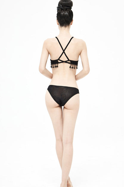 Black Lace-Up Jacquard Tassel Women's Gothic Swimsuit Set