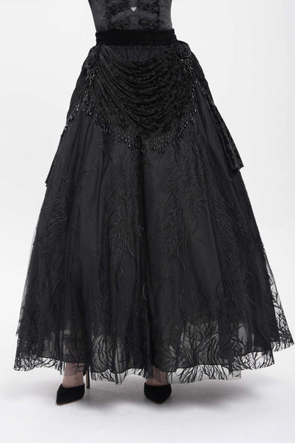 Black Floral Embroidered Beaded Women's Gothic Long Skirt
