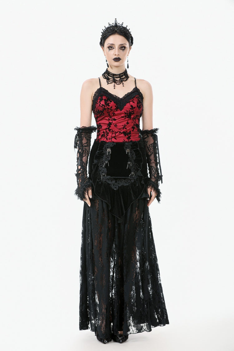 Black Multi-Layered Ruffled Velvet Spliced Lace Lace-Up Women's Gothic Long Skirt