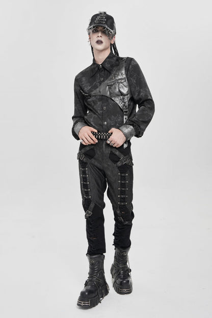 Black Long Sleeves Print Stitching Asymmetric Bullet Men's Punk Blouse