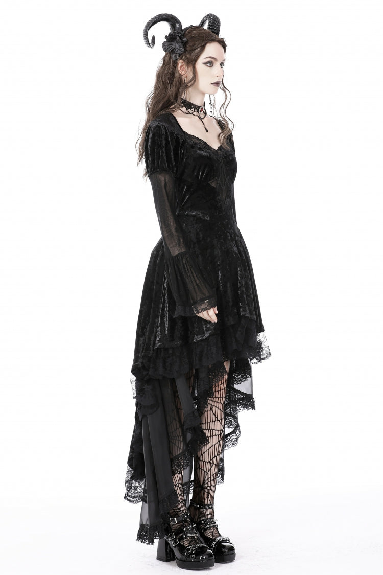 Black Long Puff Sleeves High Low Irregular Multi-Layered Lace Women's Gothic Velvet Dress