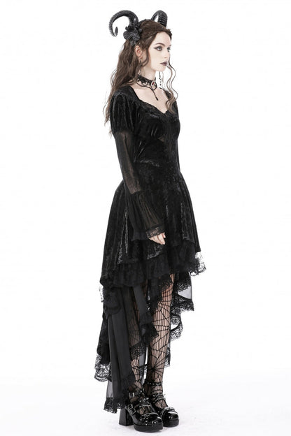 Black Long Puff Sleeves High Low Irregular Multi-Layered Lace Women's Gothic Velvet Dress