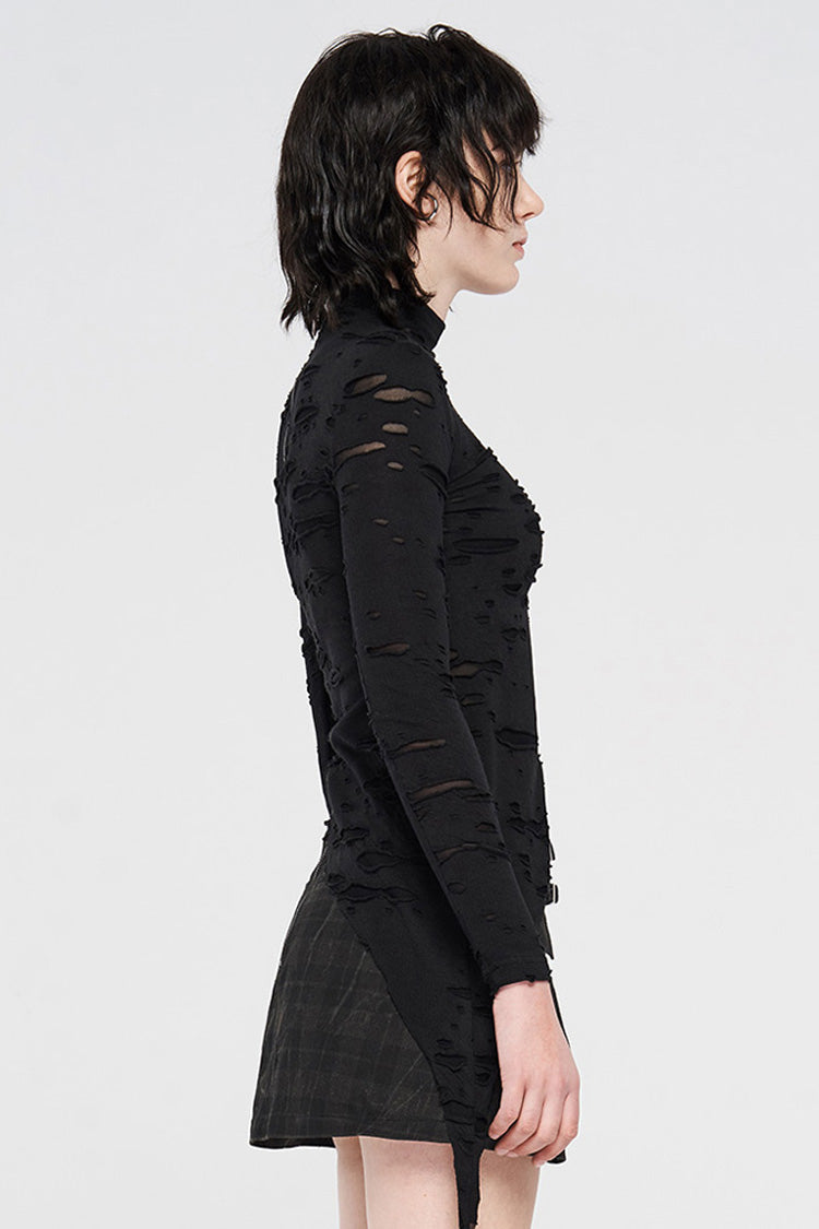 Black Long Sleeve High Collar Front Chest Hollow Out Strap Irregular Hem Broken Holes Splice Mesh Women's Punk T-Shirt