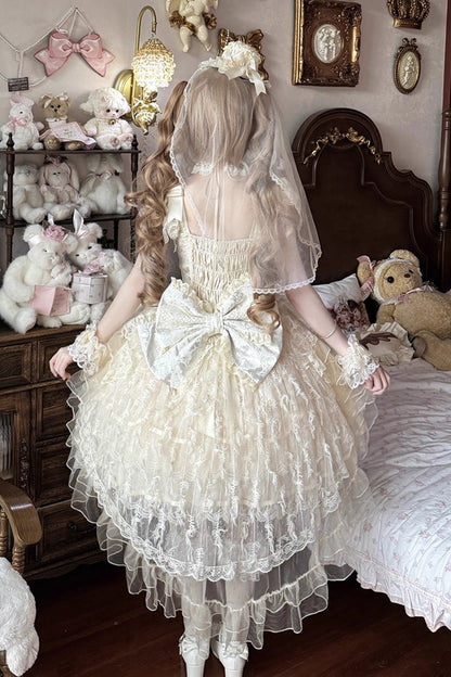 Apricot [Ballad of Feathers] Sleeveless Multi-Layered Ruffle Hanayome Bowknot Sweet Lolita Jsk Dress