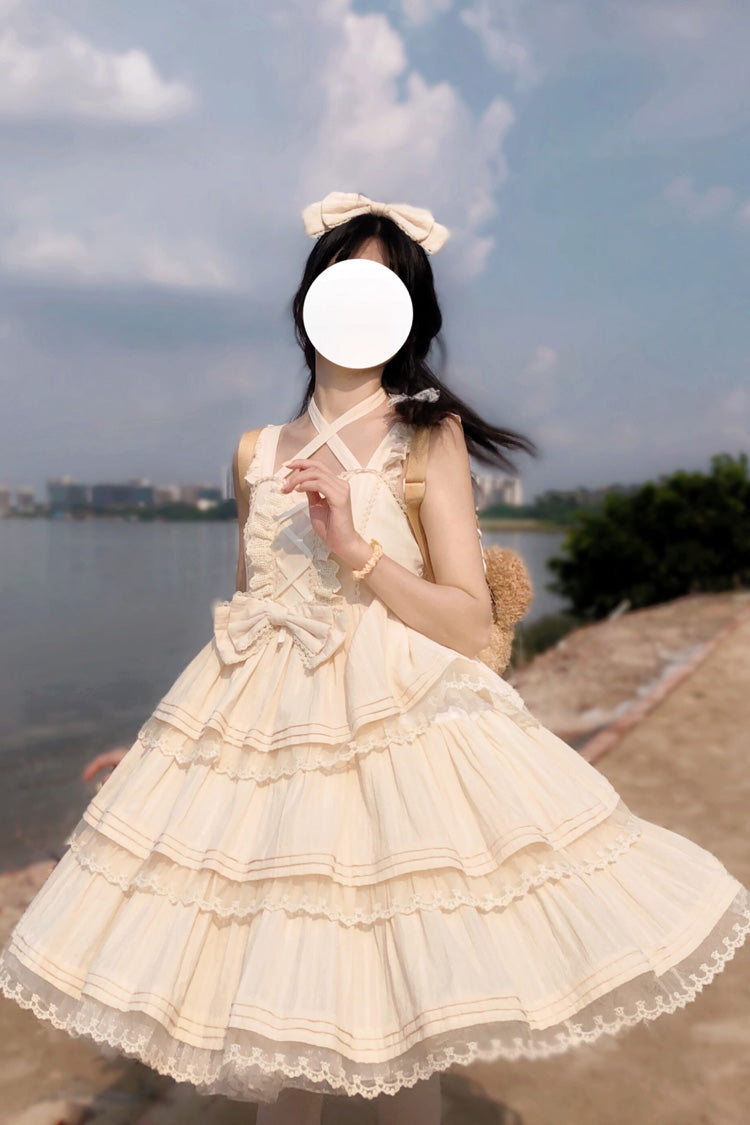 Apricot First Love Triple-Layered Ruffle Bowknot Lace Sweet Lolita Jsk Dress