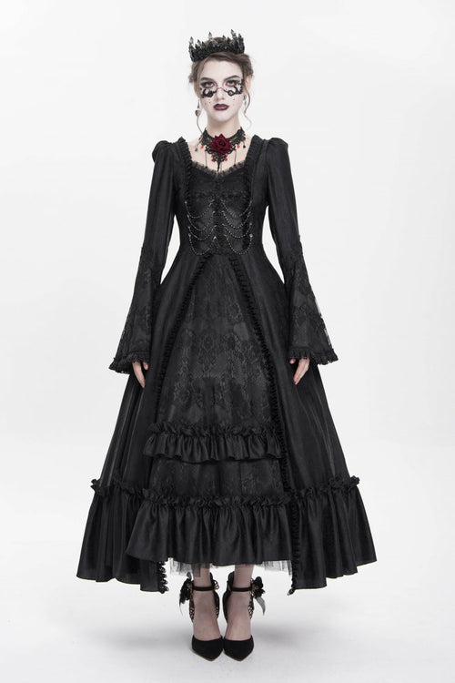 Black Long Sleeves Floral Embroidery Lace-Up Pleated Women's Gothic Dress