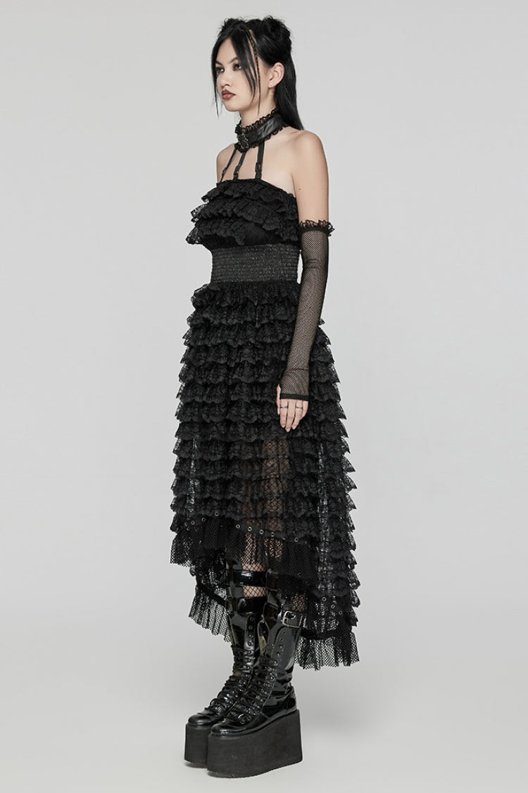 Black Halterneck Long Sleeves Ruffle Lace Women's Punk Dress