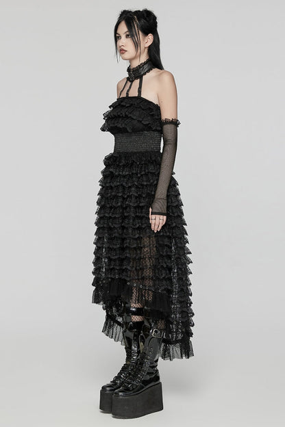 Black Halterneck Long Sleeves Ruffle Lace Women's Punk Dress
