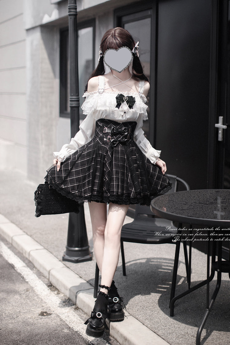 Black Plaid Print Bowknot Sweet Jirai Kei Japanese Skirt