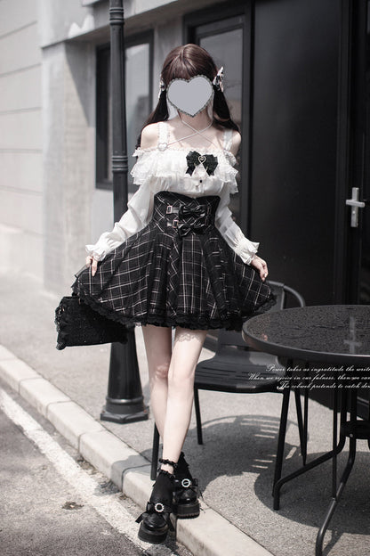 Black Plaid Print Bowknot Sweet Jirai Kei Japanese Skirt