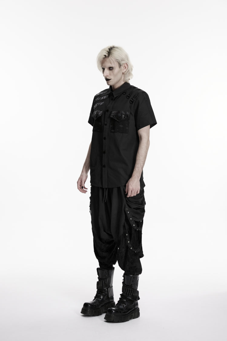 Black Lapel Collar Short Sleeves Cut-Out Spliced Men's Punk Shirt