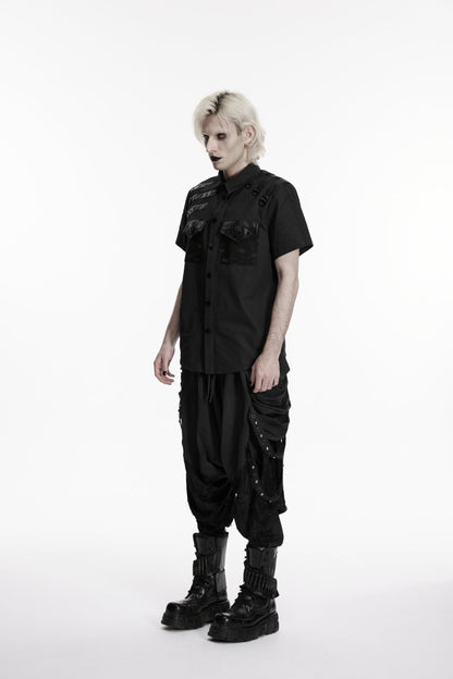 Black Lapel Collar Short Sleeves Cut-Out Spliced Men's Punk Shirt