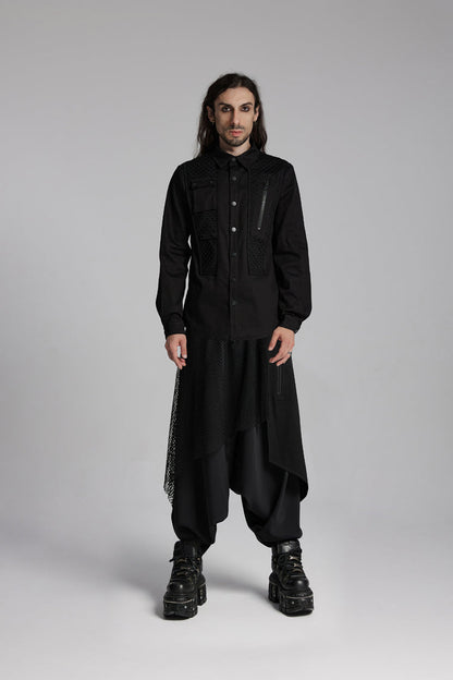 Black Lapel Collar Long Sleeves Zip Mesh Pocket Men's Punk Blouse