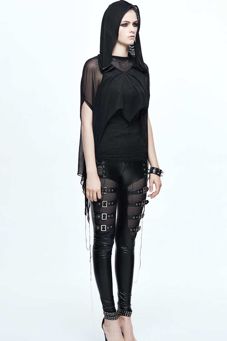 Black Mesh Wavy Sideline Long Women's Punk Hooded Bat Shawl