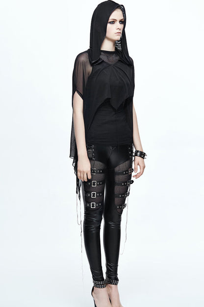 Black Mesh Wavy Sideline Long Women's Punk Hooded Bat Shawl