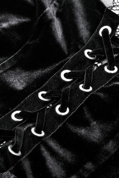 Black Long Trumpet Sleeves Spliced Lace-Up Spider Mesh Women's Gothic Velvet Wedding Dress