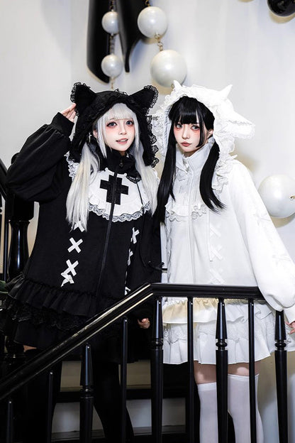 Black Long Sleeves Ruffle Zipper Sweet Handsome Lolita Sweatshirt Coat