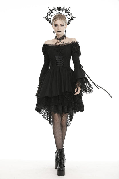 Black Off Shoulder Long Trumpet Puff Sleeves Lace-Up Strappy Mesh Women's Gothic Cocktail Dress