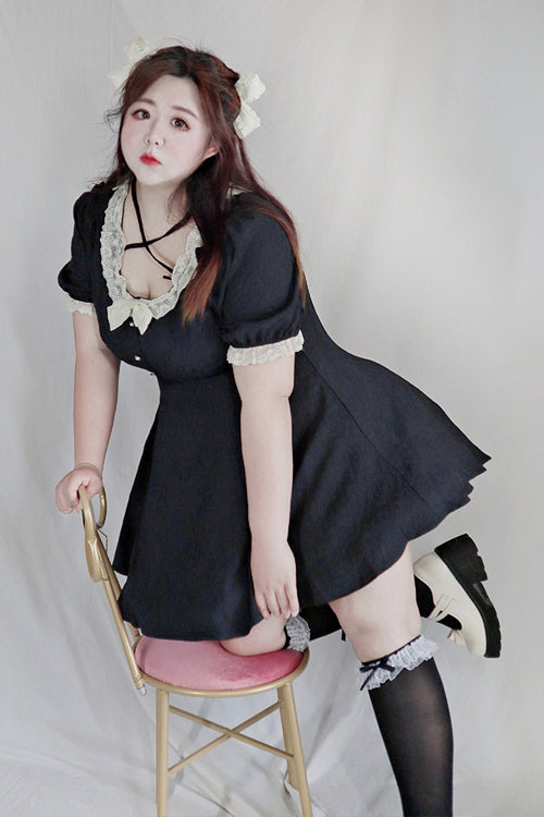 Black Lace Round Collar Short Sleeves High Waisted Plus Size Sweet Lolita Dress