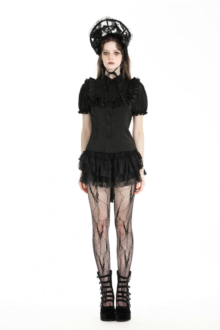 Black Point Collar Short Puff Sleeves Ruffled Women's Gothic Blouse