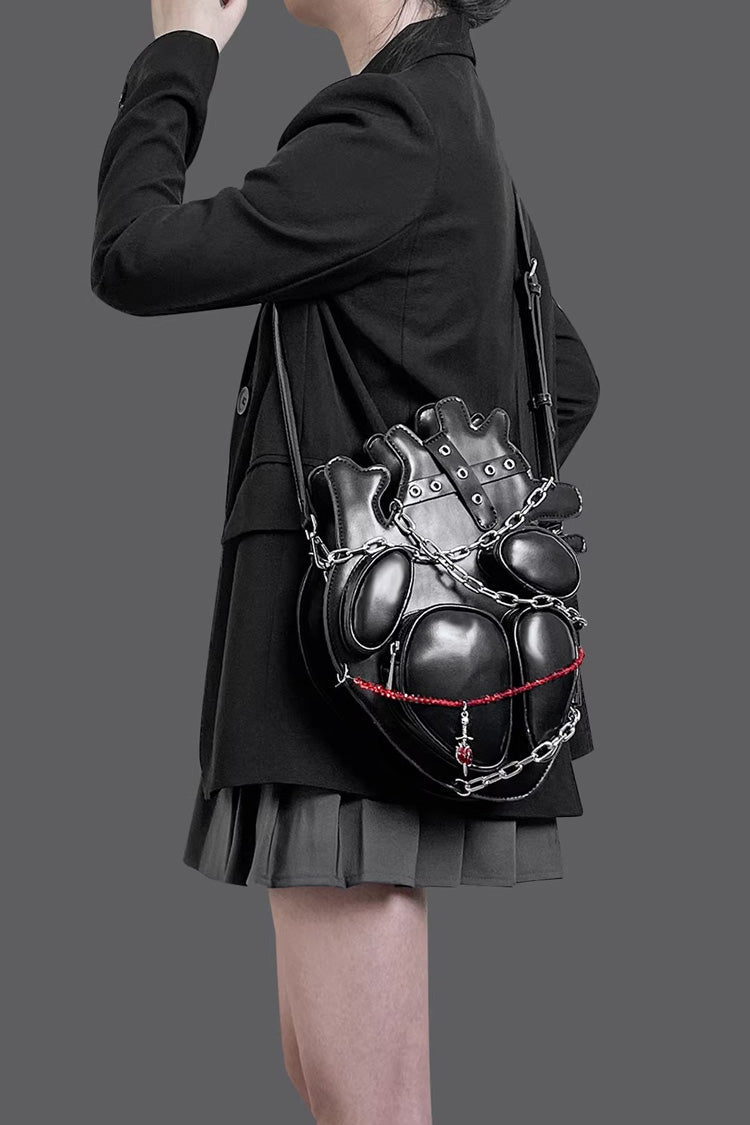 Black Creative Heart Chain-Decorated Gothic Lolita Backpack with Binding Straps and Chain