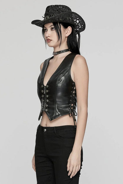 Black Faux Leather V Collar Sleeveless Lace-Up Zipper Women's Punk Vest