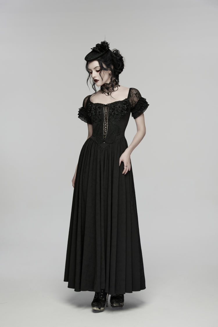 Black Off Shoulder Short Puff Sleeves Ruffled Hanayome Embroidered Lace Women's Gothic Elegant Gorgeous Dress