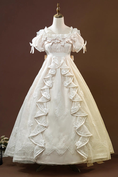 Beige [Identity V] Short Sleeves Embroidery Cardigan Bowknot Lace Classic Lolita Victorian Dress Set