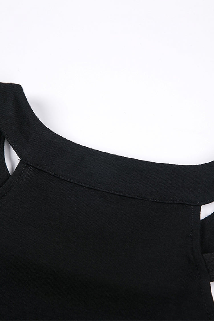 Black Off Shoulder Straps Short Sleeves Cut-Out Women's T-Shirt